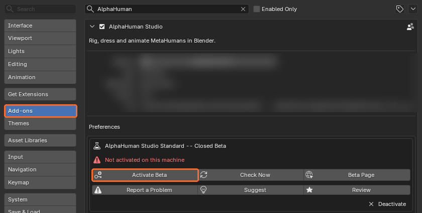 The add-on's preferences: Closed Beta, Not activated on this machine, and the Activate Beta button