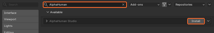 Get Extensions searched for AlphaHuman, with its Install button